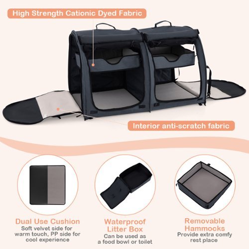 Costway Portable Pet Carrier Kennel Cat Dog Crate Twin Compartments w/ Mats Litter Box - Black WORLDWIDE DELIVERY
