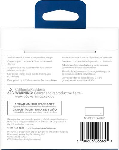 Insignia™ Bluetooth 5.0 USB Adapter for Laptops and Desktops Compatible with Windows 8.1, 10, and 11 - Black SHOP ONLINE