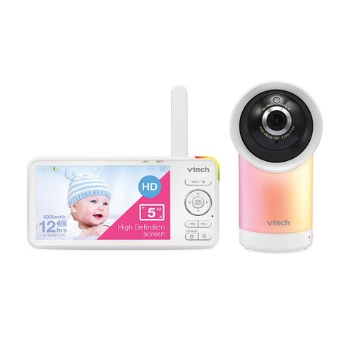  VTech - 1080p Smart WiFi Remote Access 360 Degree Pan &amp; Tilt Video Baby Monitor with 5” Display, Night Light - White