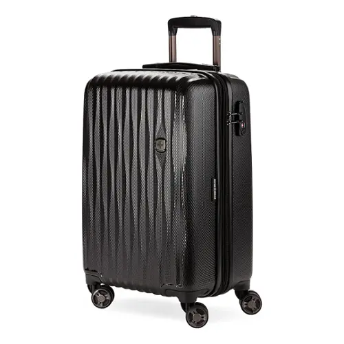 Front. SwissGear - Energie 20" Carry On Spinner Suitcase with USB - Black.