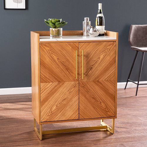 SEI Furniture - Trilken Bar Cabinet with Wine Storage - Brown finish with white faux marble