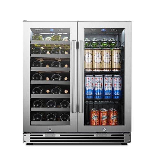 LanboPro - 31 Bottle 58 Can 2 Doors Seamless Stainless Steel Combo Wine and Beverage Refrigerator - Black