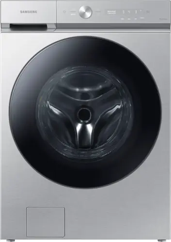 Front. Samsung - BESPOKE 5.3 Cu. Ft. High-Efficiency Stackable Smart Front Load Washer with Steam and Super Speed Wash - Silver Steel.