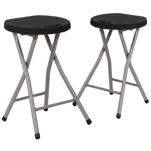 Flash Furniture - 2 Pack Foldable Stool with Plastic Seat and Powder Coated Frame - Black