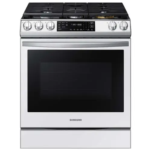 Front. Samsung - BESPOKE 6.0 cu. ft. Smart Front Control Slide-In Gas Range with Air Fry & Wi-Fi - White Glass.