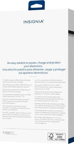 Insignia™ 12-Outlet/1-USB-C/1-USB 3,600 Joules Surge Protector Strip - Black BUY IN EUROPE