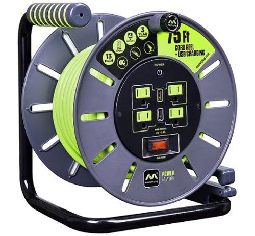 Masterplug - 75Ft 4 Sockets 13A 14AWG Large Open Reel with USB Charging - Green & Grey