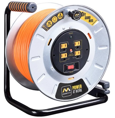 Masterplug - 50Ft 4 Sockets 15A 12AWG Medium Open Metal Reel - Metal & Orange