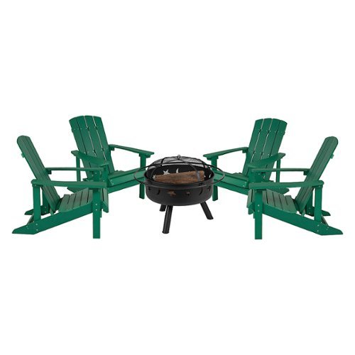 Flash Furniture - Charlestown Star and Moon Fire Pit with Mesh Cover & 4 Poly Resin Adirondack Chairs - Green