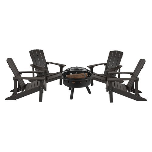 Flash Furniture - Charlestown Star & Moon Fire Pit with Mesh Cover & 4 Poly Resin Adirondack Chairs - Slate Gray