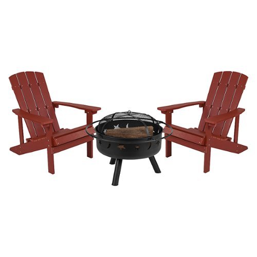 

Flash Furniture - Charlestown Star and Moon Fire Pit with Mesh Cover & 2 Red Poly Resin Adirondack Chairs - Red