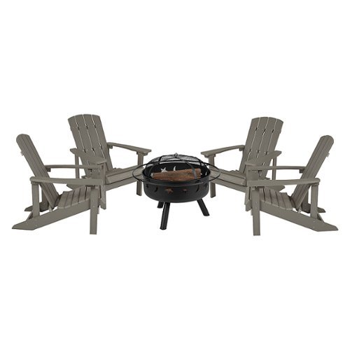 Flash Furniture - Charlestown Star and Moon Fire Pit with Mesh Cover & 4 Lt. Gray Poly Resin Adirondack Chairs - Light Gray