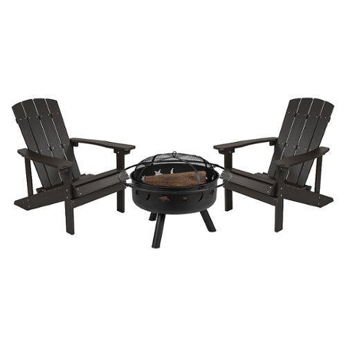

Flash Furniture - Charlestown Star & Moon Fire Pit with Mesh Cover & 2 Slate Gray Poly Resin Adirondack Chairs - Slate Gray