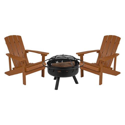 

Flash Furniture - Charlestown Star and Moon Fire Pit with Mesh Cover & 2 Teak Poly Resin Adirondack Chairs - Teak