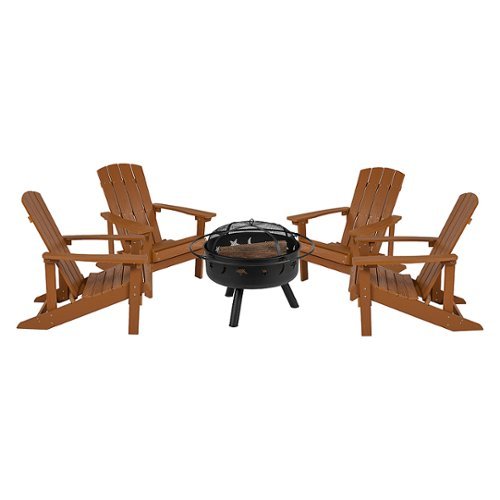 Flash Furniture - Charlestown Star and Moon Fire Pit with Mesh Cover & 4 Poly Resin Adirondack Chairs - Teak