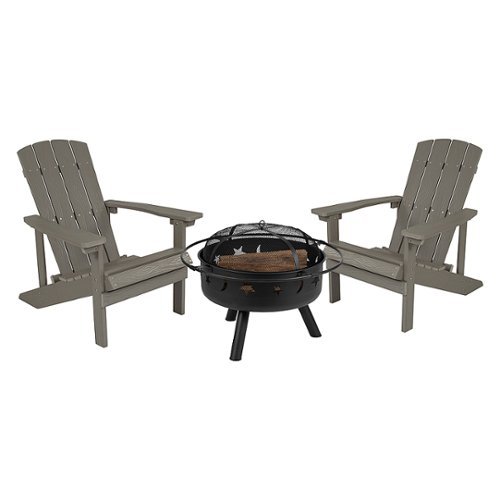 

Flash Furniture - Charlestown Star and Moon Fire Pit with Mesh Cover & 2 Lt. Gray Poly Resin Adirondack Chairs - Light Gray