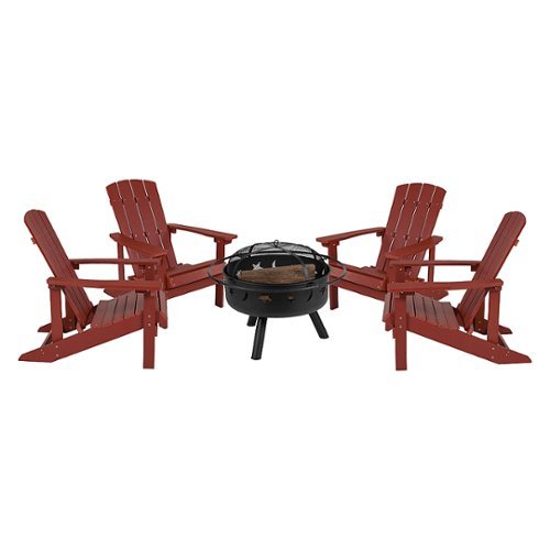 Flash Furniture - Charlestown Star and Moon Fire Pit with Mesh Cover & 4 Poly Resin Adirondack Chairs - Red