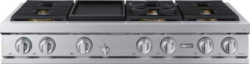 Front. Dacor - 48" Built-In Gas Rangetop with 6 Burners and Griddle - Silver Stainless Steel.
