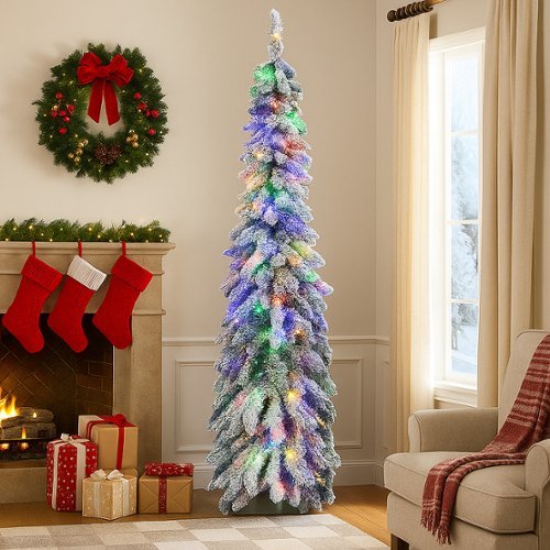 BreeBe - Pre-Lit Pencil Christmas Tree 4FT/5FT/6FT Snowy Slim Design - White-Front_Standard 