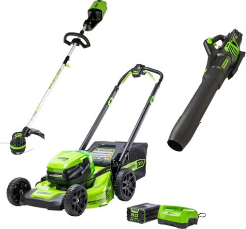 Greenworks - 80V 21” Lawn Mower, 13” String Trimmer, and 730 Lear Blower Combo with 4 Ah Battery & Charger) 3-piece combo - Green