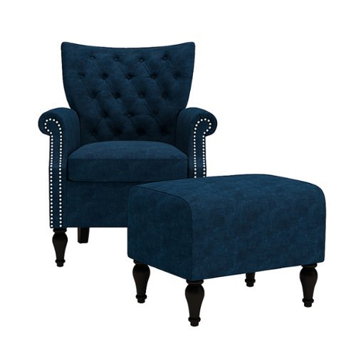 

Handy Living - Minstral Rolled Arm Traditional Velvet Armchair and Ottoman - Navy Blue