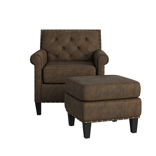 

Handy Living - Aviva Rolled Arm Distressed Faux Leather Traditional Arm Chair and Ottoman - Distressed Brown