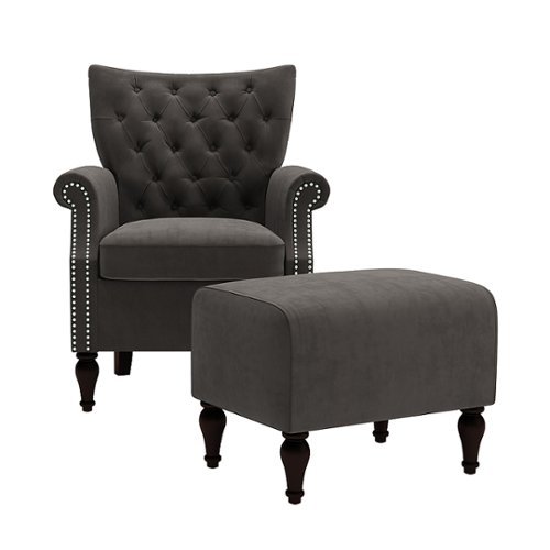 

Handy Living - Minstral Rolled Arm Traditional Velvet Armchair and Ottoman - Charcoal Gray