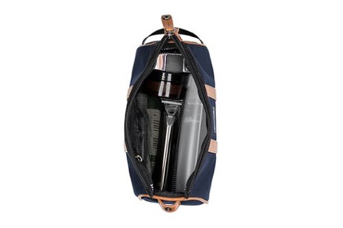 PKG Charlotte Recycled Essentials Toiletry Bag - Navy/Tan GLOBAL SHIPPING