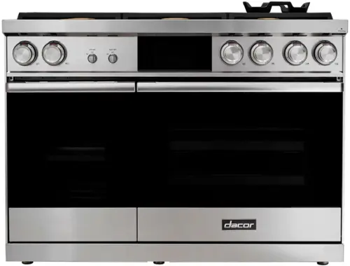 Front. Dacor - Contemporary 6.6 Cu. Ft. Slide-In Double Oven Dual Fuel Four-Part Pure Convection Range with GreenClean and RealSteam - Silver Stainless Steel.
