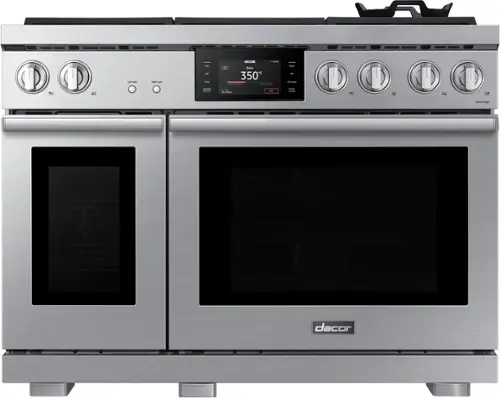Front. Dacor - Transitional 7.7 Cu. Ft. Slide-In Gas Four-Part Pure Convection Range with Self-Cleaning and SimmerSear Burners - Silver Stainless Steel.