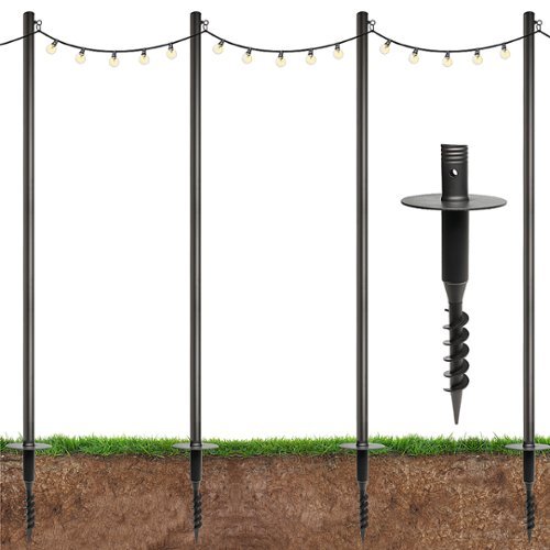 Excello Global Products - Premium String Light Poles - 4 Pack - Extends to 10 Feet – Yard Mount (Grass/Dirt) - Black
