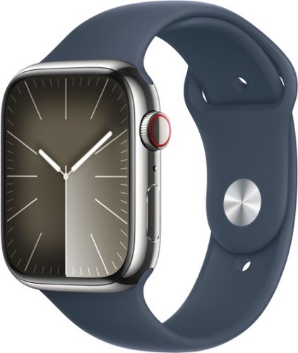 Apple Watch Series 9 (GPS + Cellular) 45mm Silver Stainless Steel Case with Storm Blue Sport Band w/ Blood Oxygen - S/M - Silver (AT&T)