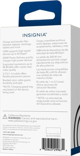 Insignia™ 3.28ft (1m) Thunderbolt 4 cable, USB-C to USB-C Cable Supports 8K Display / 40Gbps Data Transfer / 240W Power Delivery - Black/Gray HOW TO BUY