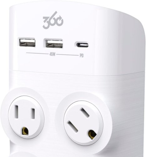 360 Electrical Revolve45, 4 Rotating Outlets/2 USB-A and 1 USB-C 1080 Joules Surge Protector - White GLOBAL SHIPPING