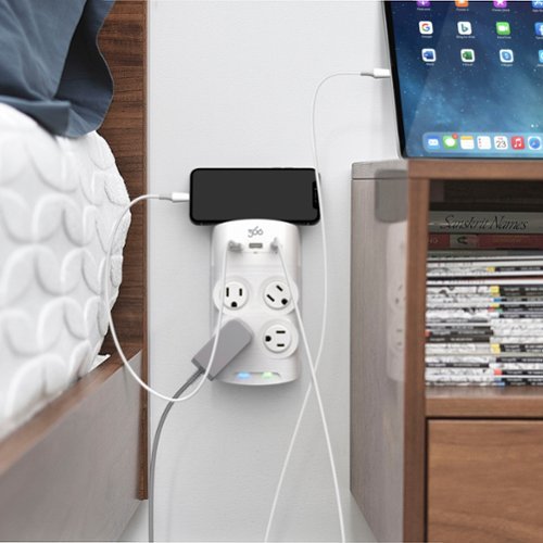 360 Electrical Revolve45, 4 Rotating Outlets/2 USB-A and 1 USB-C 1080 Joules Surge Protector - White BUY IN EUROPE