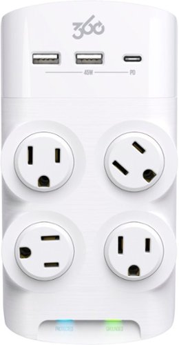 360 Electrical Revolve45, 4 Rotating Outlets/2 USB-A and 1 USB-C 1080 Joules Surge Protector - White WORLDWIDE DELIVERY