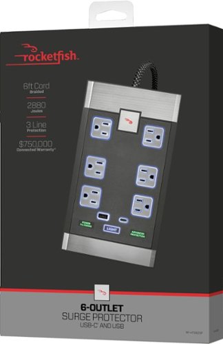 Rocketfish™ 6-Outlet Strip Premium/1-USB-C/1-USB 2,880 Joules Surge Protector - Black SHOP ONLINE