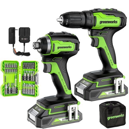 Greenworks - 24V Cordless Battery Drill/Driver and Impact Driver + 70-pice IR Bit Set w/ Two (2) USB Batteries & Charger - Green