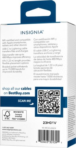 Insignia™ 4' USB-C to Lightning Charge-and-Sync Cable with Braided Jacket - White SHOP ONLINE