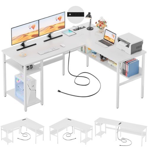 Aheaplus - Reversible Corner Desk with Power Outlets & USB Ports, Storage Shelves for Gaming & Home Office, Easy Assembly - White-Front_Standard 