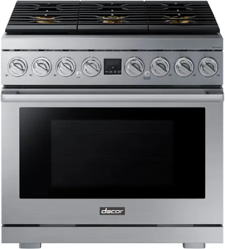 Front. Dacor - Transitional 6.3 Cu. Ft. Freestanding Dual Fuel Four-Part Pure Convection Pro-Range with GreenClean and Steam Assist - Silver Stainless Steel.