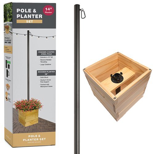 Excello Global Products - Large 14"x14"x14" Wooden Planter Box and String Light Pole Set