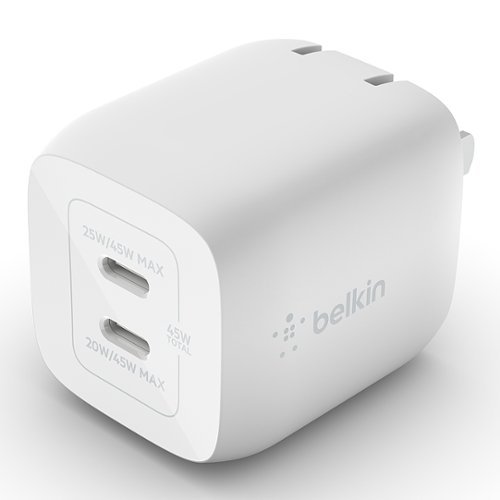 Belkin 45W Dual USB-C Wall Charger, Fast Charging 3.0 w/ GaN Technology for iPhone, MacBook, Galaxy, Nintendo Switch 2 & More - White WORLDWIDE DELIVERY