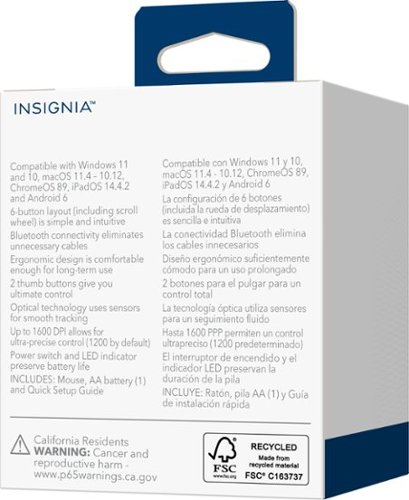 Insignia™ Bluetooth 6-Button Ergonomic Mouse - Wireless - Black GLOBAL SHIPPING