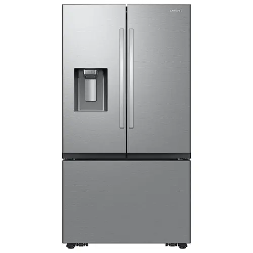 Front. Samsung - Open Box 31 cu. ft. 3-Door French Door Smart Refrigerator with Four Types of Ice - Stainless Steel.