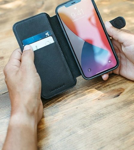 Bluebonnet iPhone 13 Pro Case Folio, Calfskin Leather, Magsafe Compatible, Wireless Charging, Designed for Organization - Black GLOBAL SHIPPING