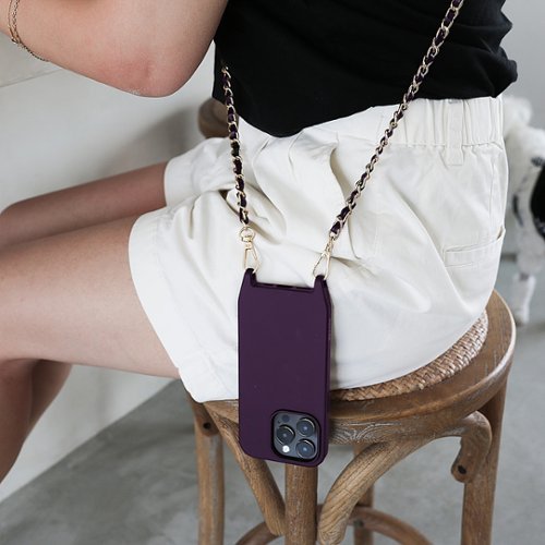 Bryten Monarch with Detachable Navy Blue Crossbody Strap and Gold Chain, Silicone, MagSafe Compatible, Shockproof iPhone 14 Pro - Mulberry GLOBAL SHIPPING
