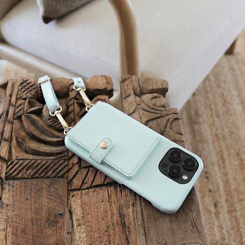 Bryten Silverlake Vegan Leather with Adjustable Strap & Credit Card Holder Wallet, Shockproof Case iPhone 14/13 Pro Max - Powder Blue GLOBAL SHIPPING