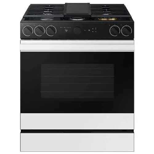 Front. Samsung - Bespoke 6.0 Cu. Ft. Slide-In Gas Range with Smart Oven Camera - White Glass.