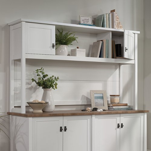 Sauder Cottage Road 66&#34; Desk Hutch White: Bead Board Back, Storage Doors, Laminated Surface